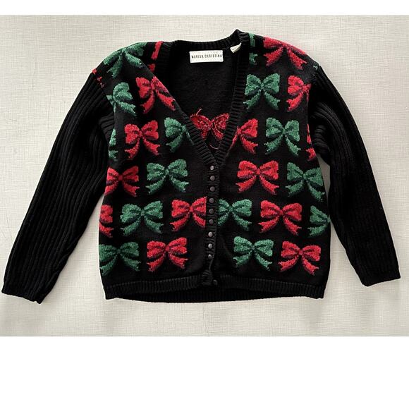 Marisa Christina  Sz M Vintage Bow Cardigan Red Grandma Christmas Festive Ugly - Picture 3 of 10